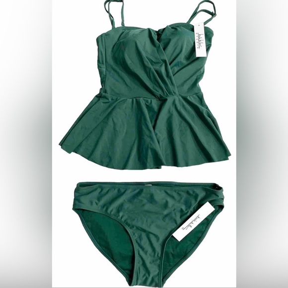 Nicole Miller 2Piece Bandeau Peplum Tankini Wicross Front Swim Green Woman’s M - Picture 5 of 13
